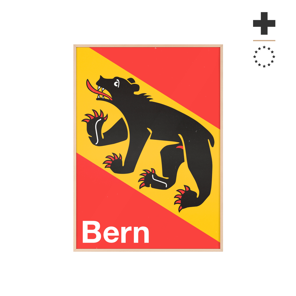 Minimalist framed wall art poster of the City of Bern coat of arms featuring the black bear on red and gold, set in a natural pinewood frame.