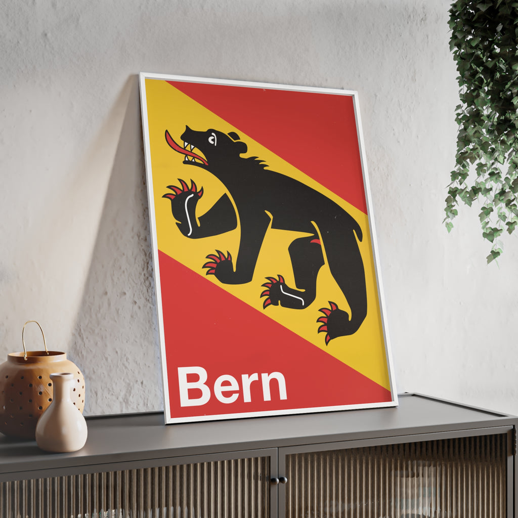 Minimalist framed wall art poster of the City of Bern coat of arms featuring the black bear on red and gold, set in a natural pinewood frame.