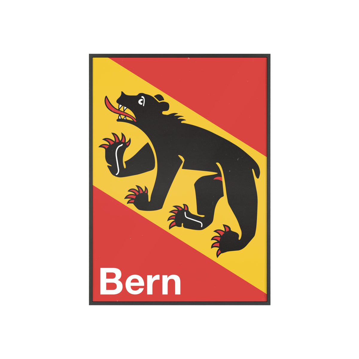 Minimalist framed wall art poster of the City of Bern coat of arms featuring the black bear on red and gold, set in a natural pinewood frame.