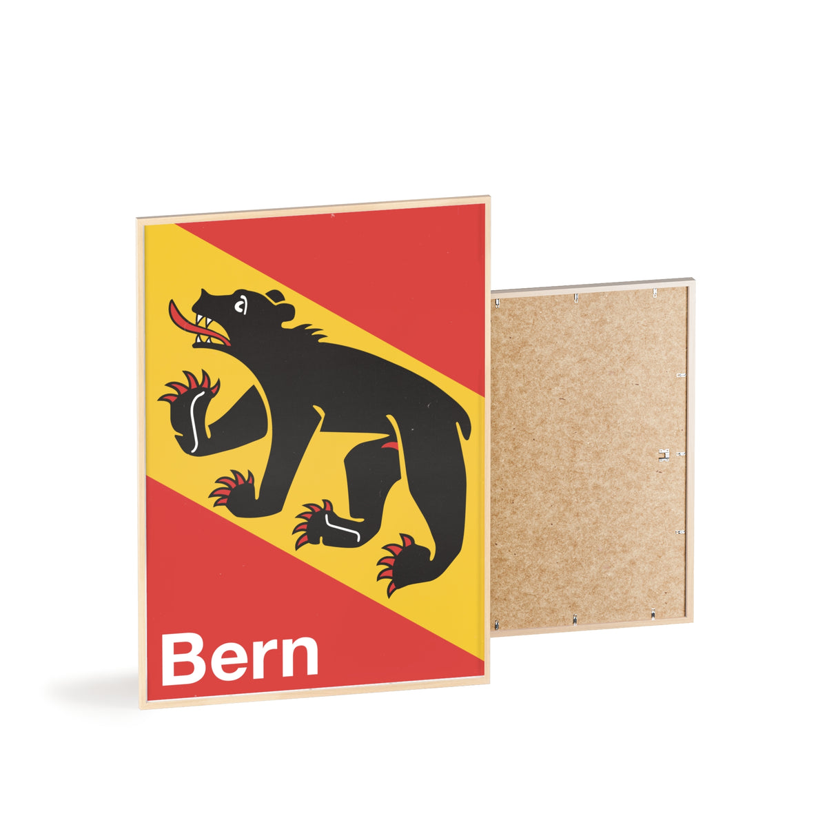 Minimalist framed wall art poster of the City of Bern coat of arms featuring the black bear on red and gold, set in a natural pinewood frame.