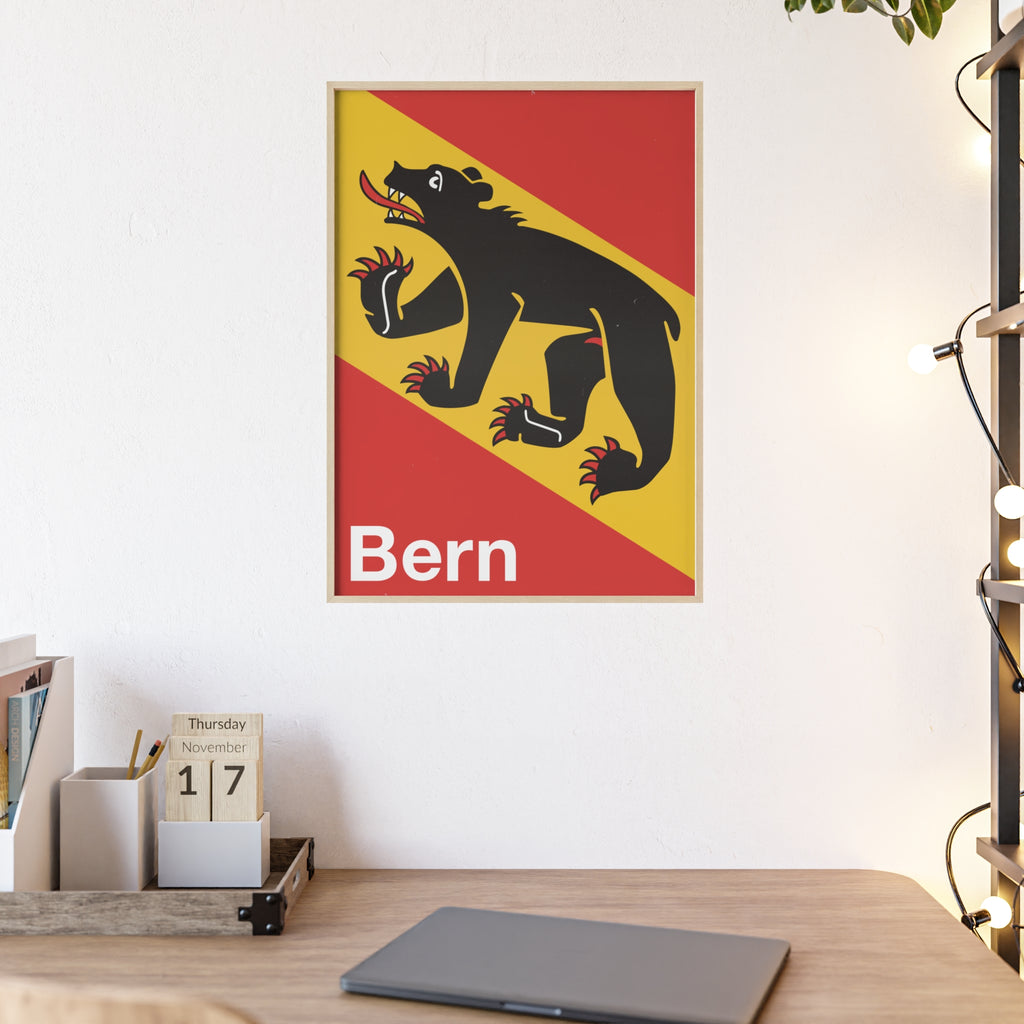 Minimalist framed wall art poster of the City of Bern coat of arms featuring the black bear on red and gold, set in a natural pinewood frame.