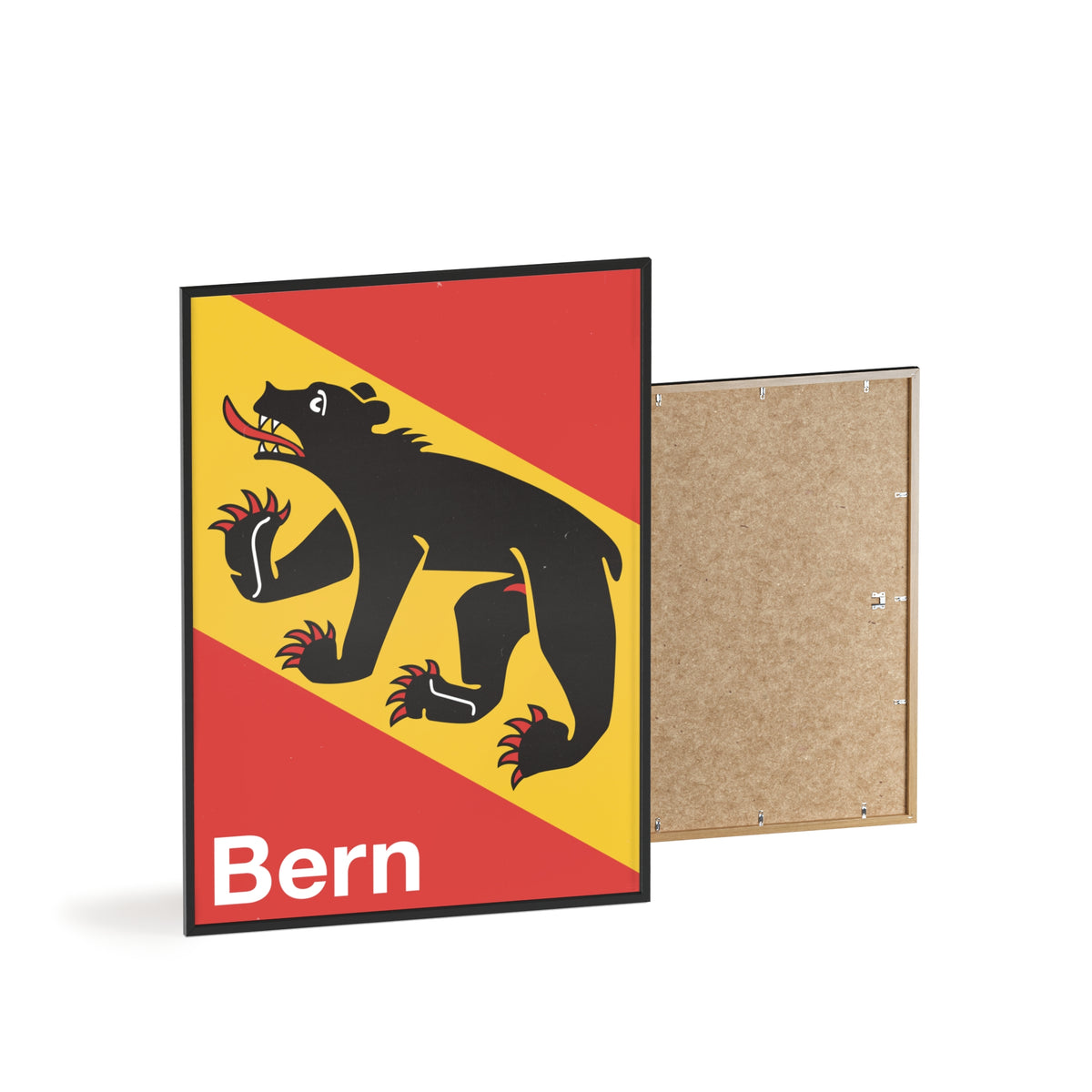 Minimalist framed wall art poster of the City of Bern coat of arms featuring the black bear on red and gold, set in a natural pinewood frame.