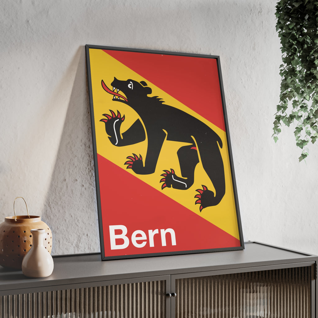 Minimalist framed wall art poster of the City of Bern coat of arms featuring the black bear on red and gold, set in a natural pinewood frame.