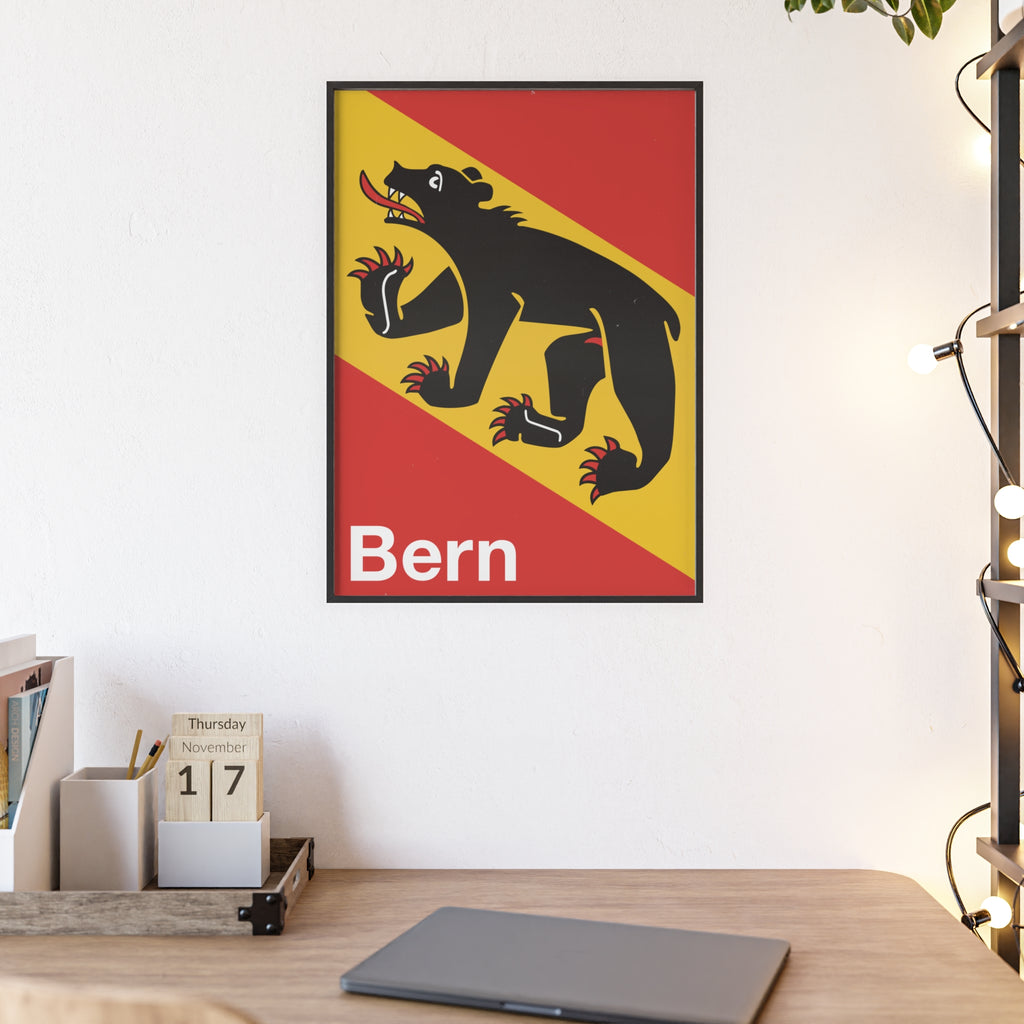 Minimalist framed wall art poster of the City of Bern coat of arms featuring the black bear on red and gold, set in a natural pinewood frame.
