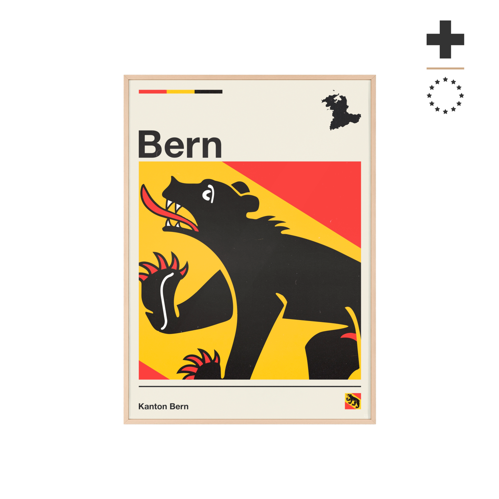 Minimalist framed Canton of Bern flag poster in modern Swiss graphic style, featuring the black bear heraldry on a red and yellow background with an off-white border. Large 50x70 cm vertical format in a natural wood frame.