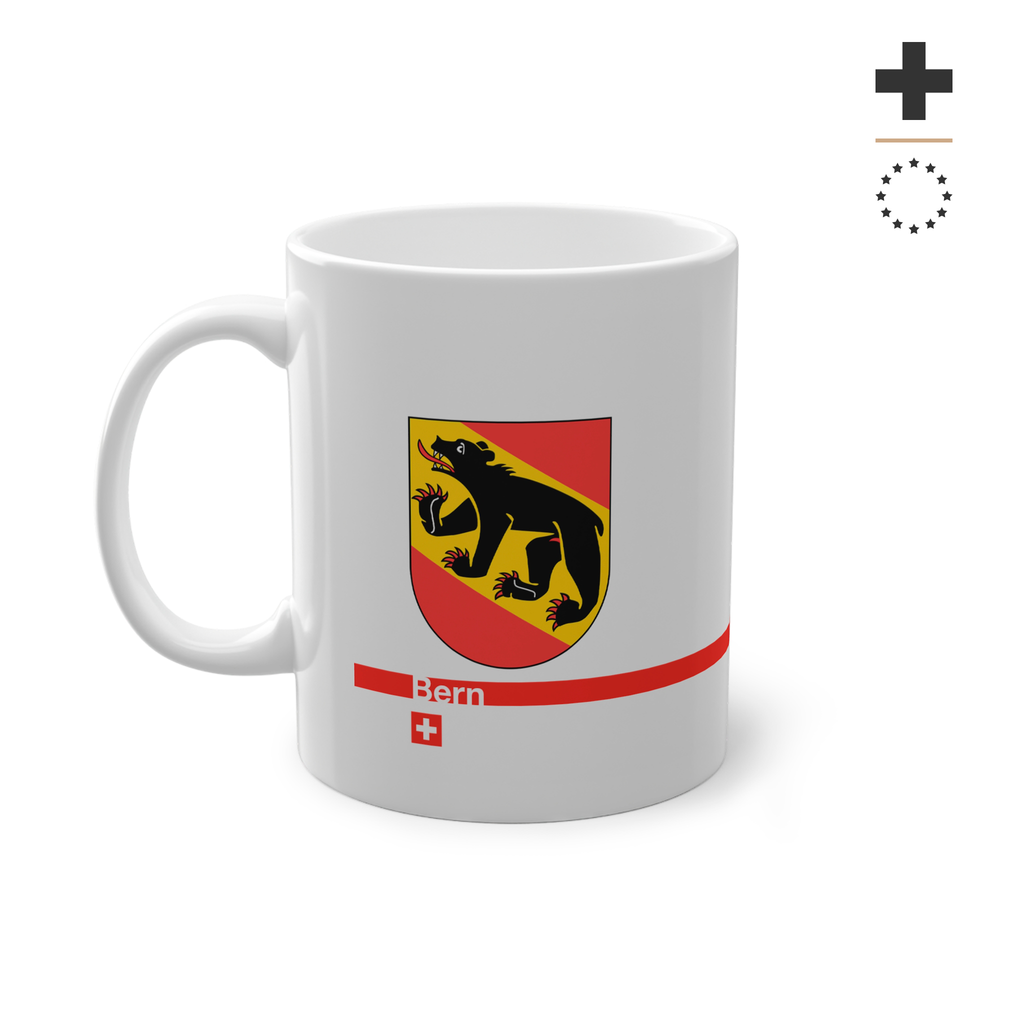 White ceramic mug featuring the Canton of Bern coat of arms with a black bear and red/yellow flag, placed on a clean background.