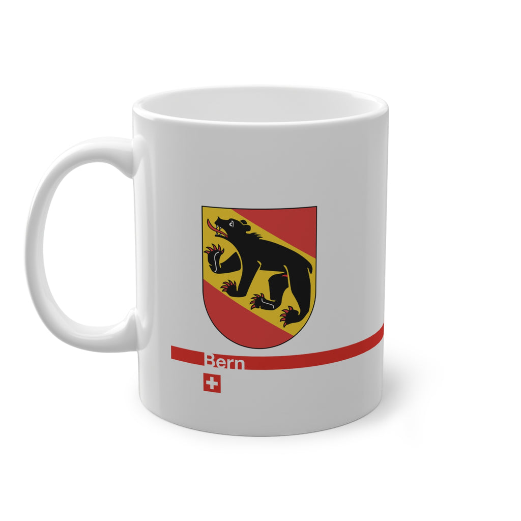 White ceramic mug featuring the Canton of Bern coat of arms with a black bear and red/yellow flag, placed on a clean background.
