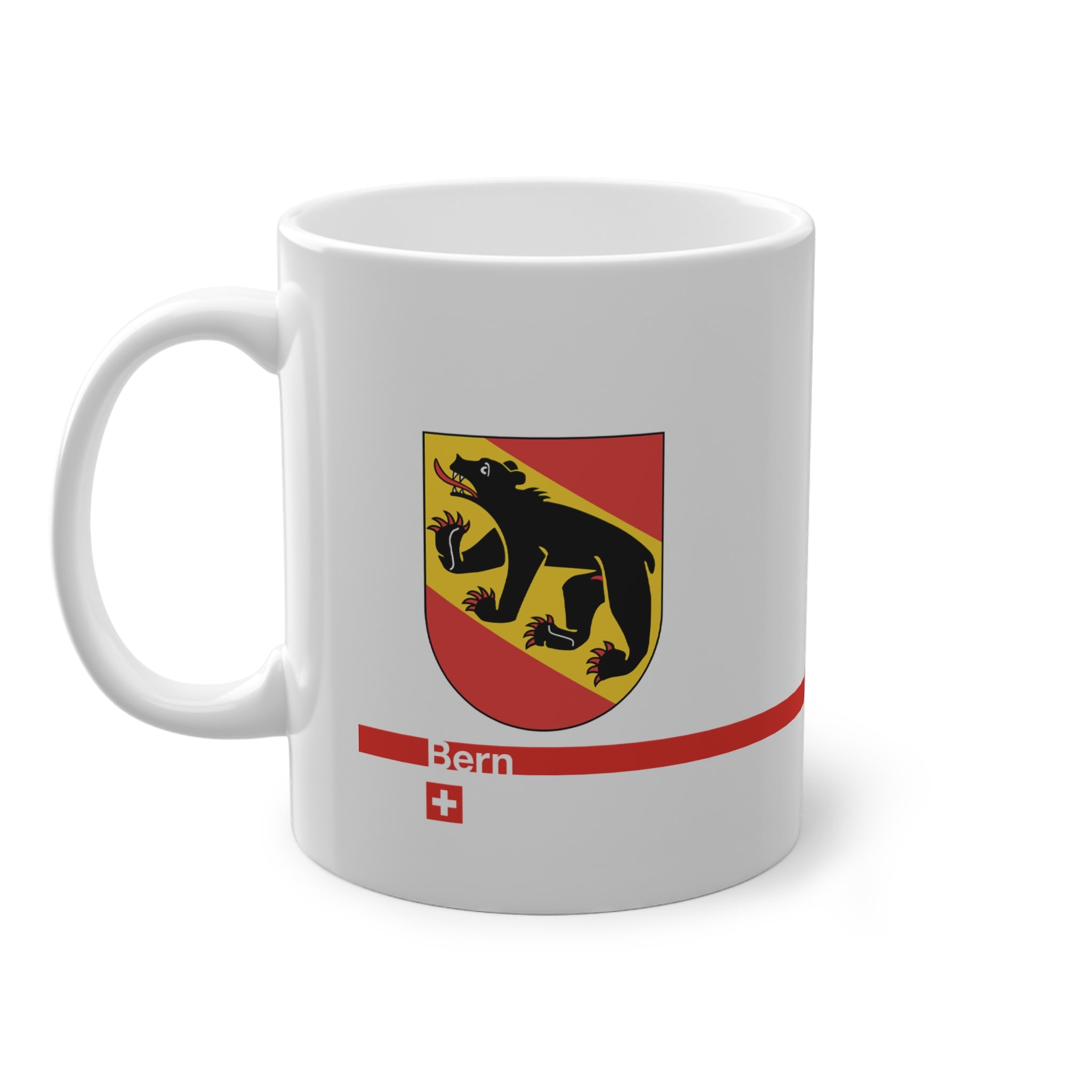 White ceramic mug featuring the Canton of Bern coat of arms with a black bear and red/yellow flag, placed on a clean background.