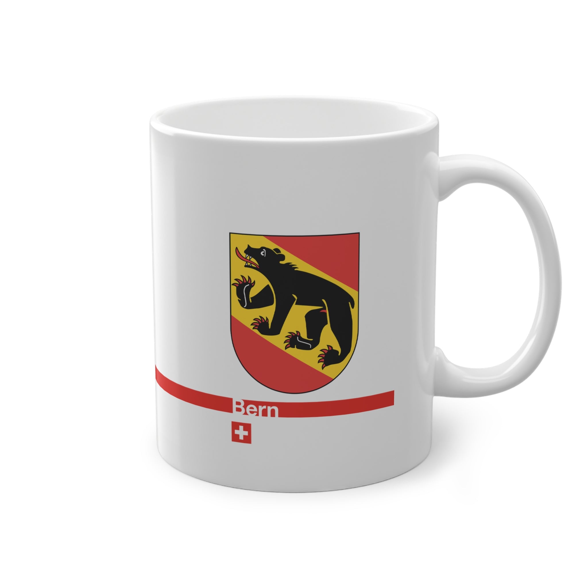 White ceramic mug featuring the Canton of Bern coat of arms with a black bear and red/yellow flag, placed on a clean background.
