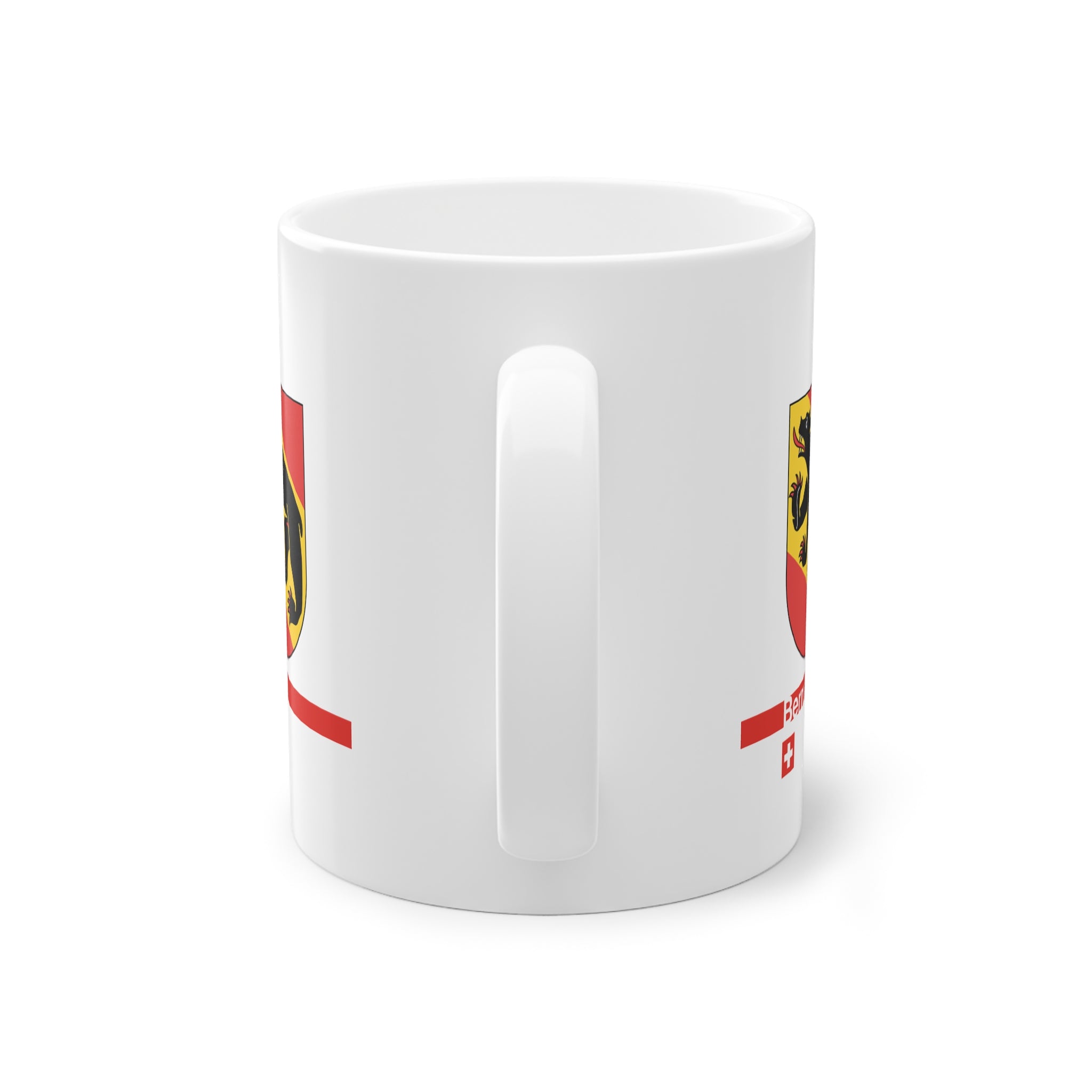 White ceramic mug featuring the Canton of Bern coat of arms with a black bear and red/yellow flag, placed on a clean background.