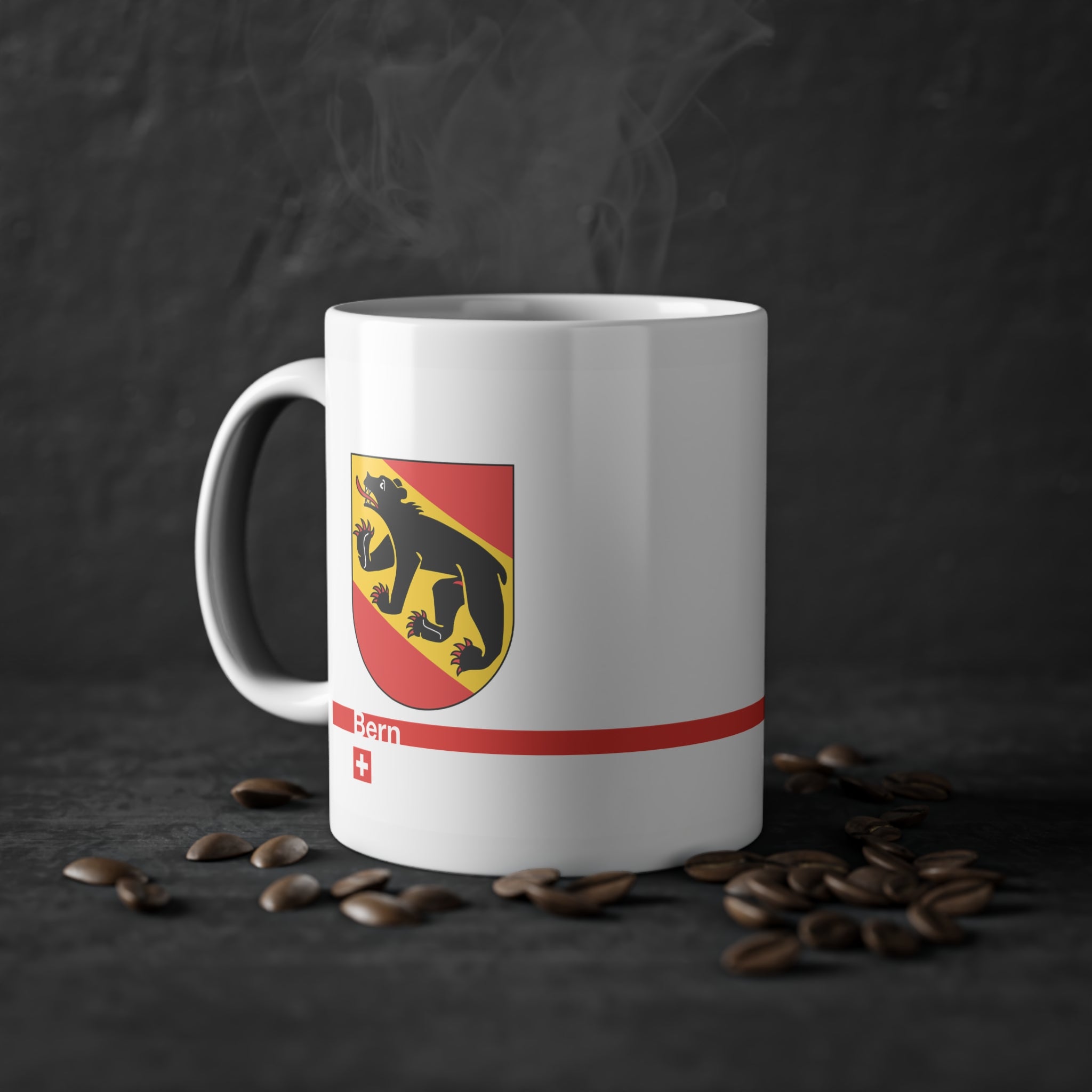 White ceramic mug featuring the Canton of Bern coat of arms with a black bear and red/yellow flag, placed on a clean background.