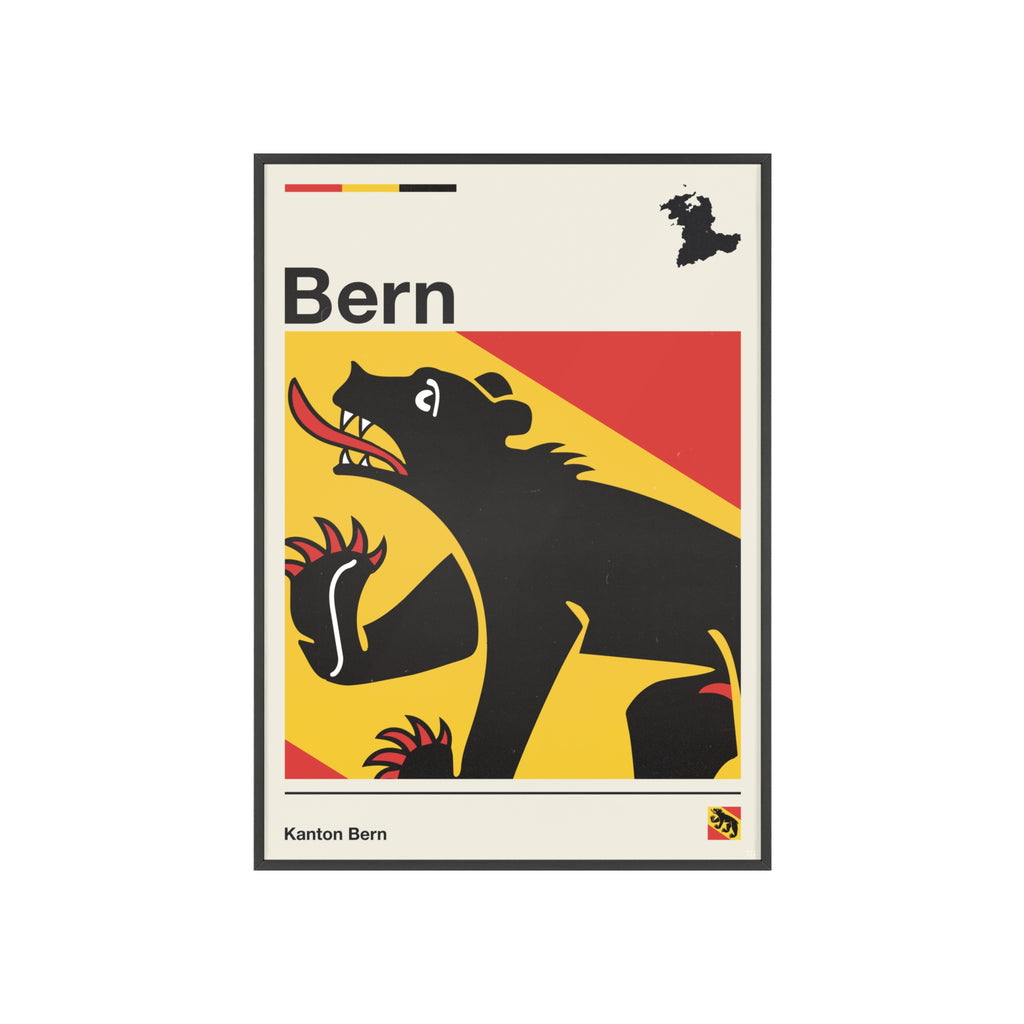 Minimalist framed Canton of Bern flag poster in modern Swiss graphic style, featuring the black bear heraldry on a red and yellow background with an off-white border. Large 50x70 cm vertical format in a natural wood frame.