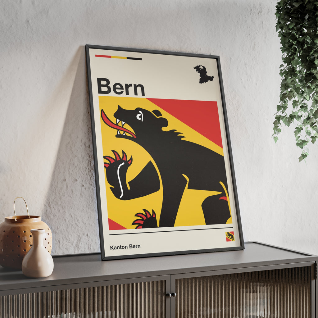 Minimalist framed Canton of Bern flag poster in modern Swiss graphic style, featuring the black bear heraldry on a red and yellow background with an off-white border. Large 50x70 cm vertical format in a natural wood frame.