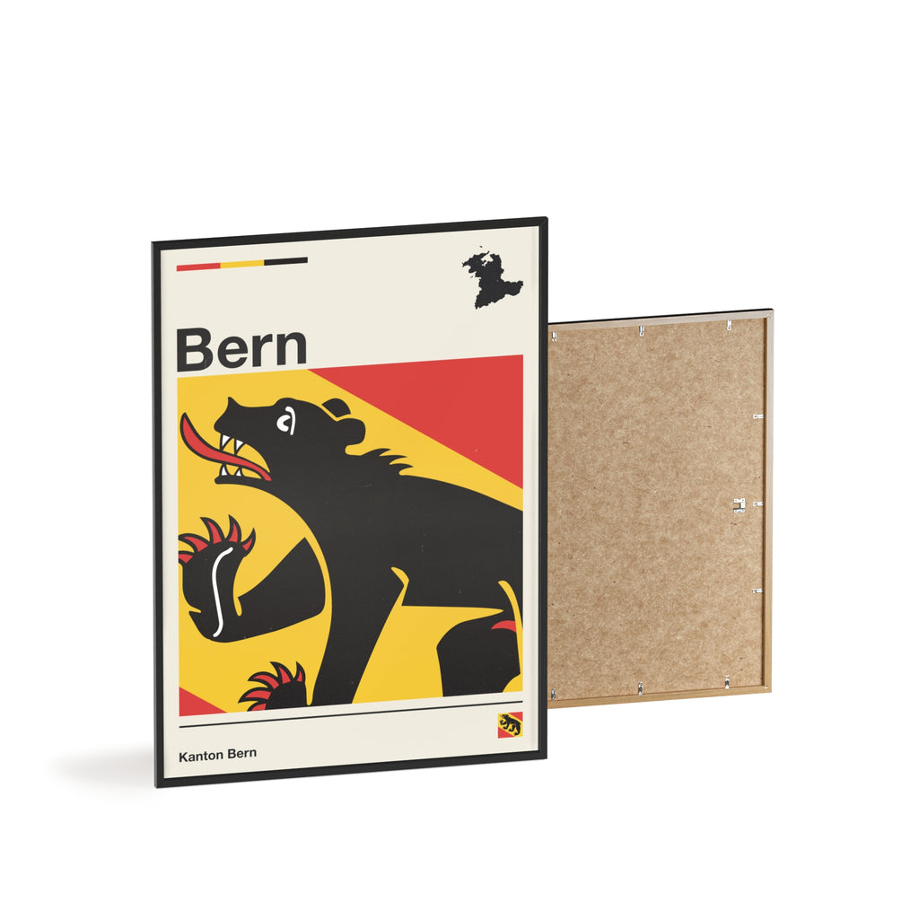 Minimalist framed Canton of Bern flag poster in modern Swiss graphic style, featuring the black bear heraldry on a red and yellow background with an off-white border. Large 50x70 cm vertical format in a natural wood frame.