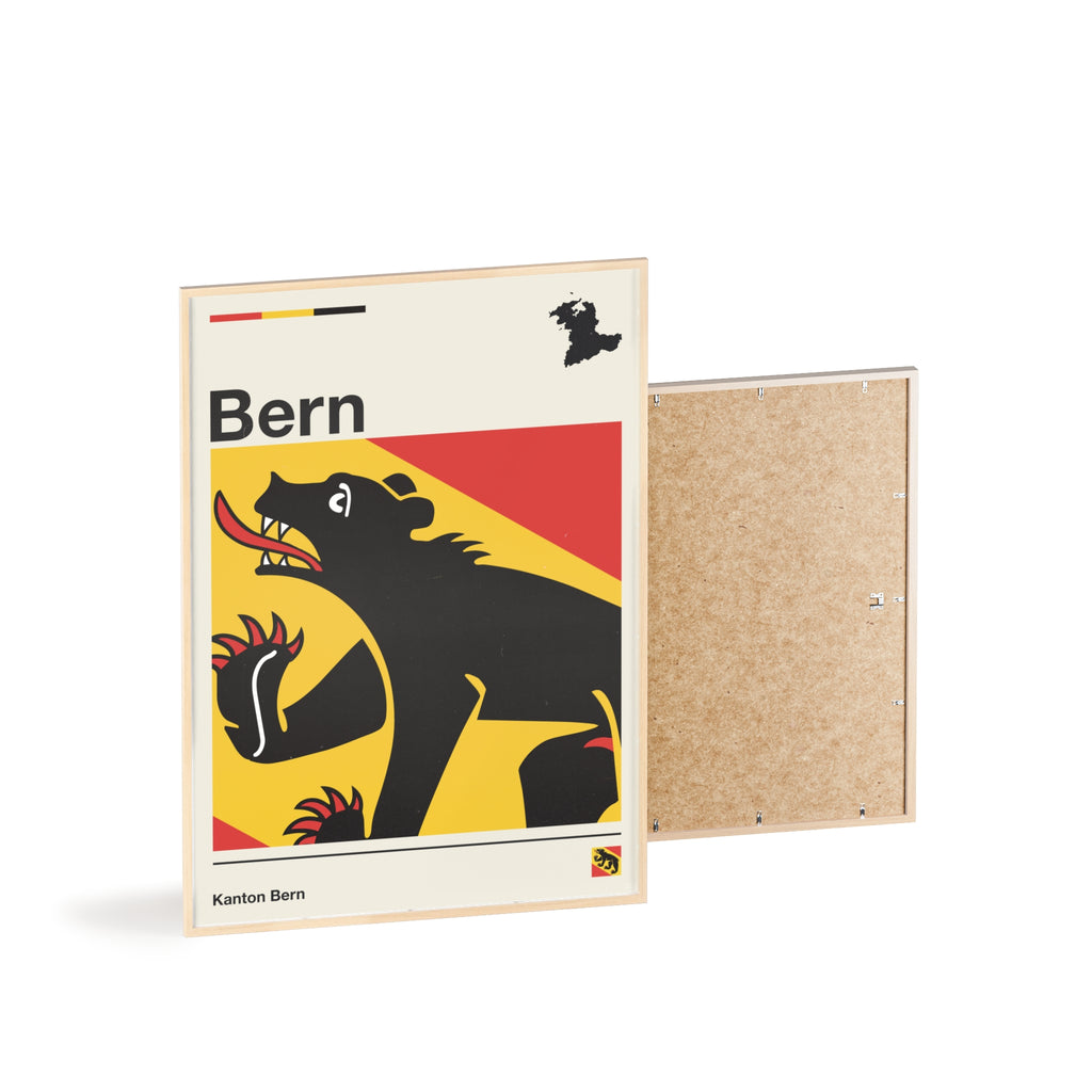 Minimalist framed Canton of Bern flag poster in modern Swiss graphic style, featuring the black bear heraldry on a red and yellow background with an off-white border. Large 50x70 cm vertical format in a natural wood frame.