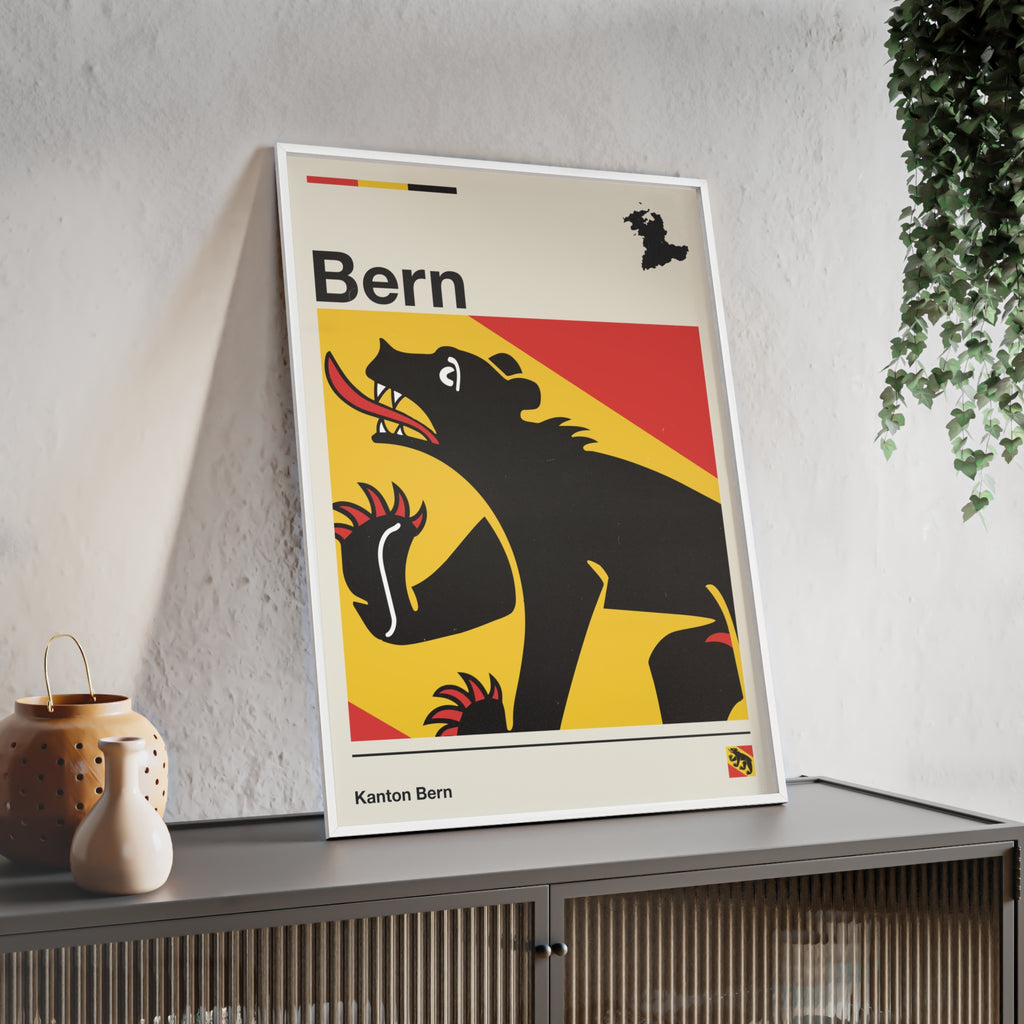 Minimalist framed Canton of Bern flag poster in modern Swiss graphic style, featuring the black bear heraldry on a red and yellow background with an off-white border. Large 50x70 cm vertical format in a natural wood frame.