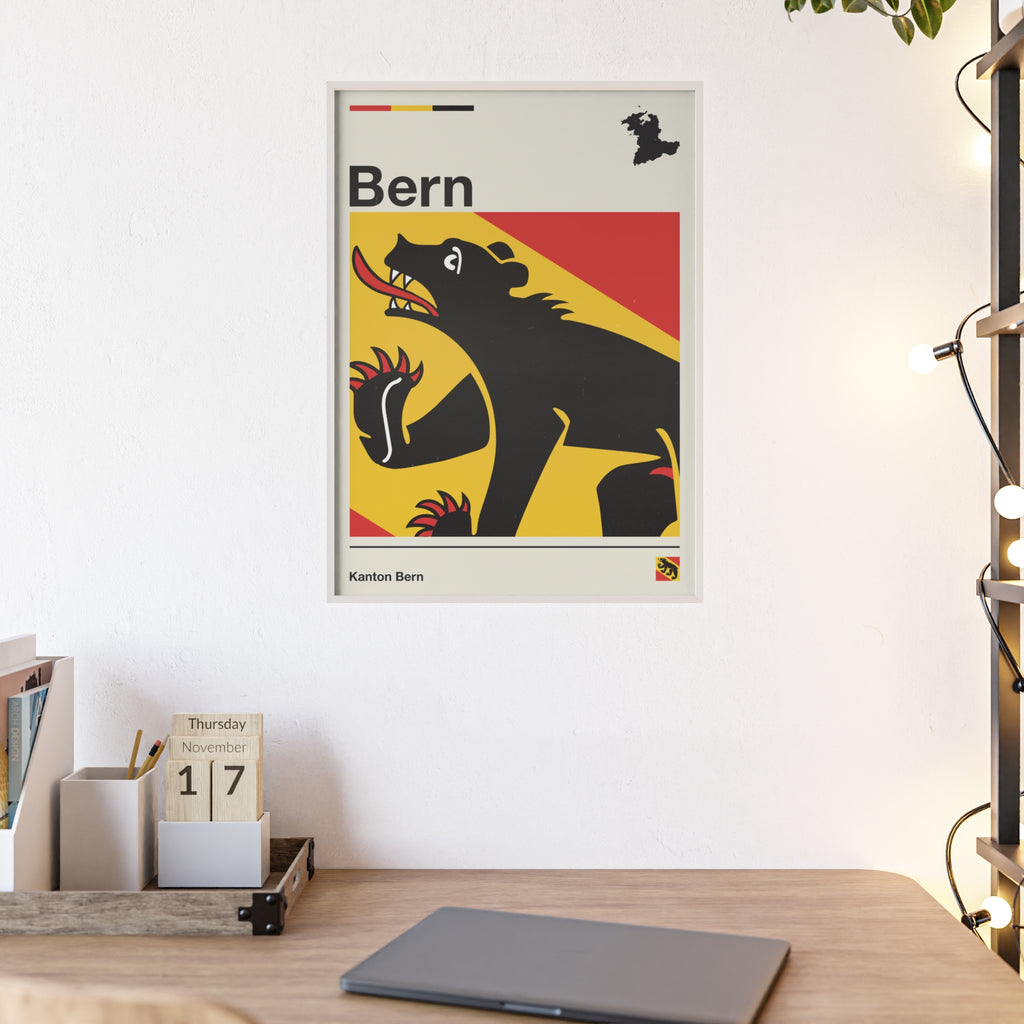 Minimalist framed Canton of Bern flag poster in modern Swiss graphic style, featuring the black bear heraldry on a red and yellow background with an off-white border. Large 50x70 cm vertical format in a natural wood frame.