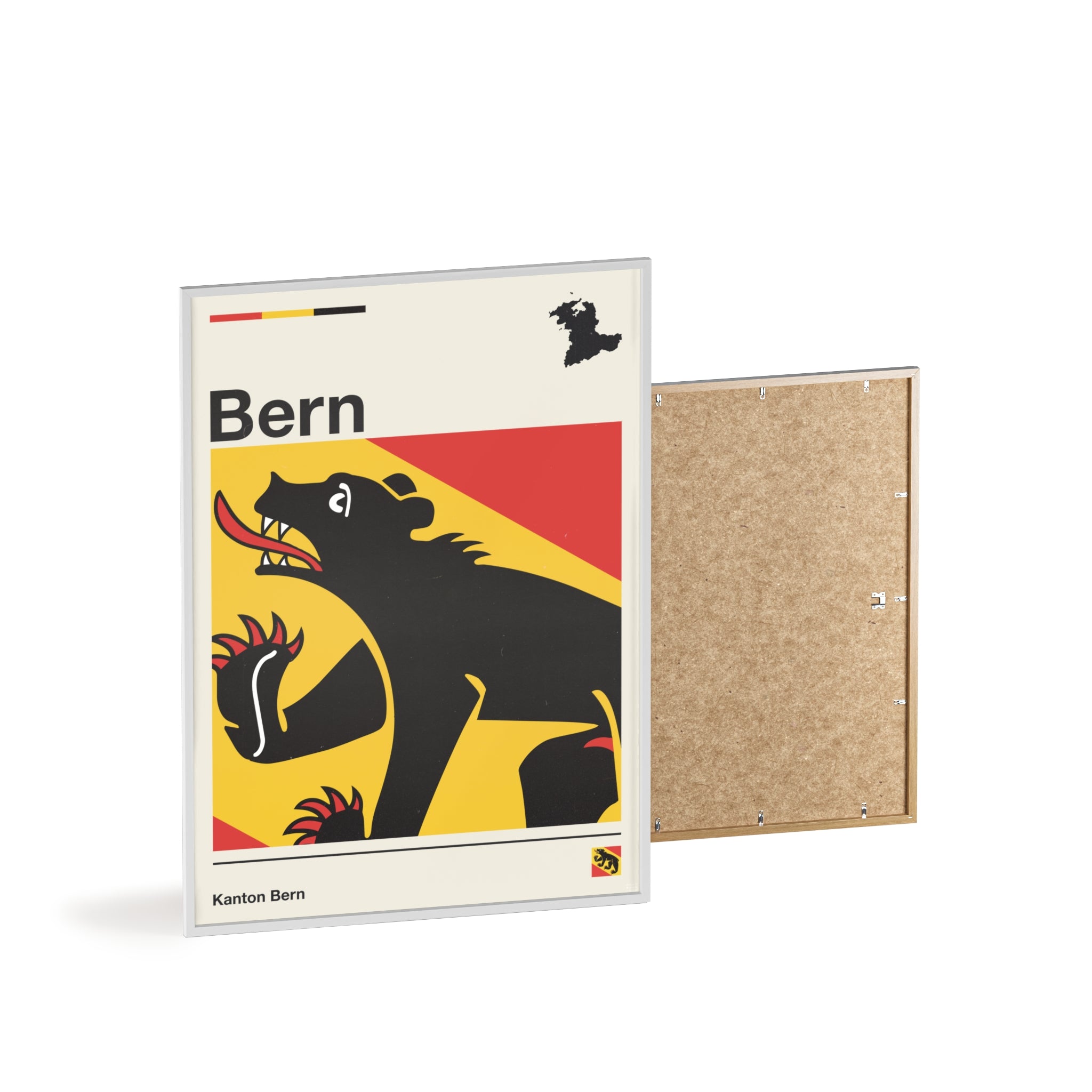 Minimalist framed Canton of Bern flag poster in modern Swiss graphic style, featuring the black bear heraldry on a red and yellow background with an off-white border. Large 50x70 cm vertical format in a natural wood frame.