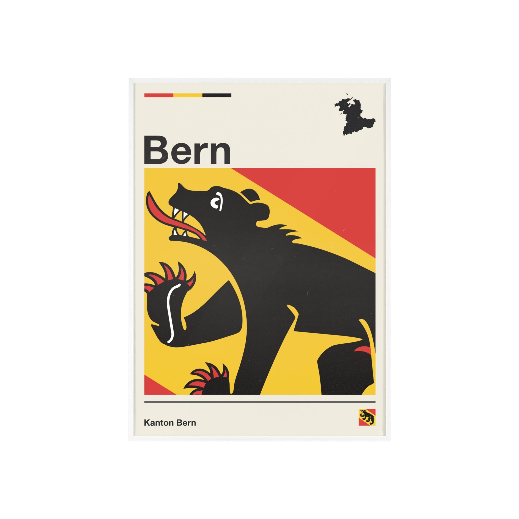 Minimalist framed Canton of Bern flag poster in modern Swiss graphic style, featuring the black bear heraldry on a red and yellow background with an off-white border. Large 50x70 cm vertical format in a natural wood frame.