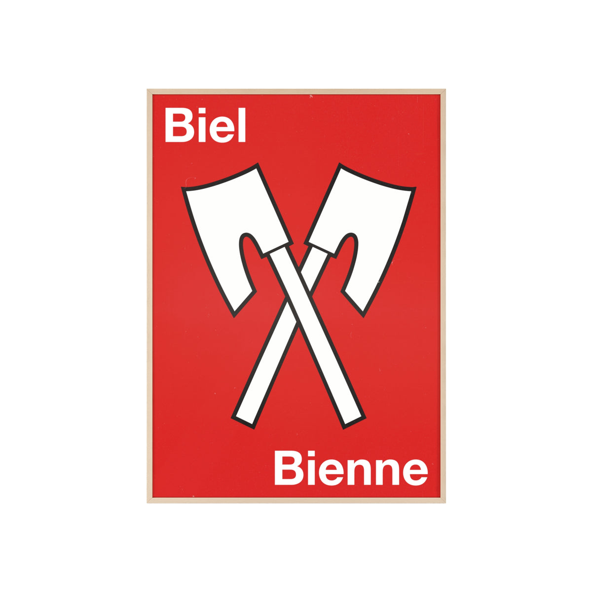 Minimalist framed wall poster of the Biel Bienne coat of arms featuring crossed white axes on a red background, displayed in a natural pinewood frame.