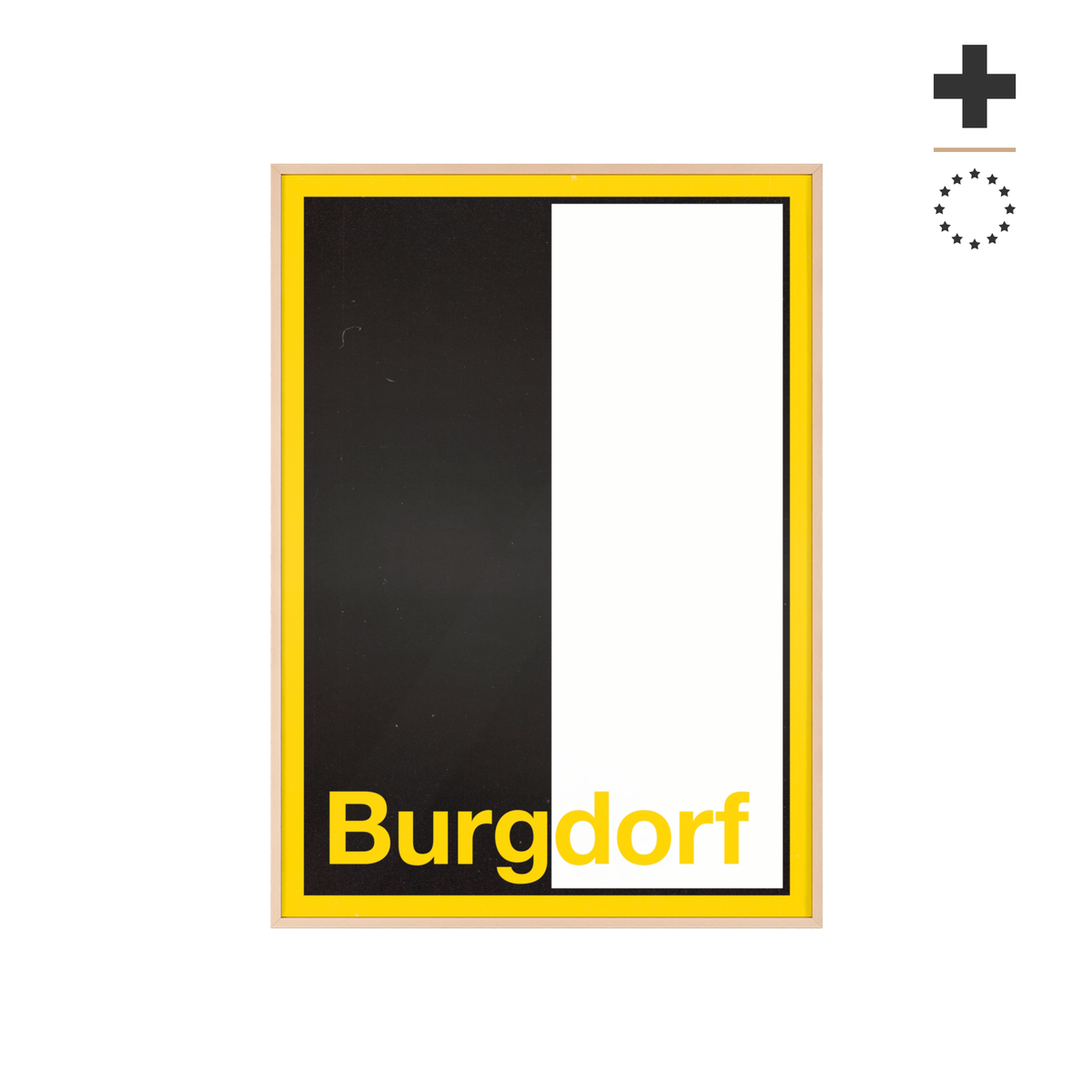 Minimalist framed wall poster of the Burgdorf coat of arms featuring vertical black and white panels with a yellow border, displayed in a natural pinewood frame.