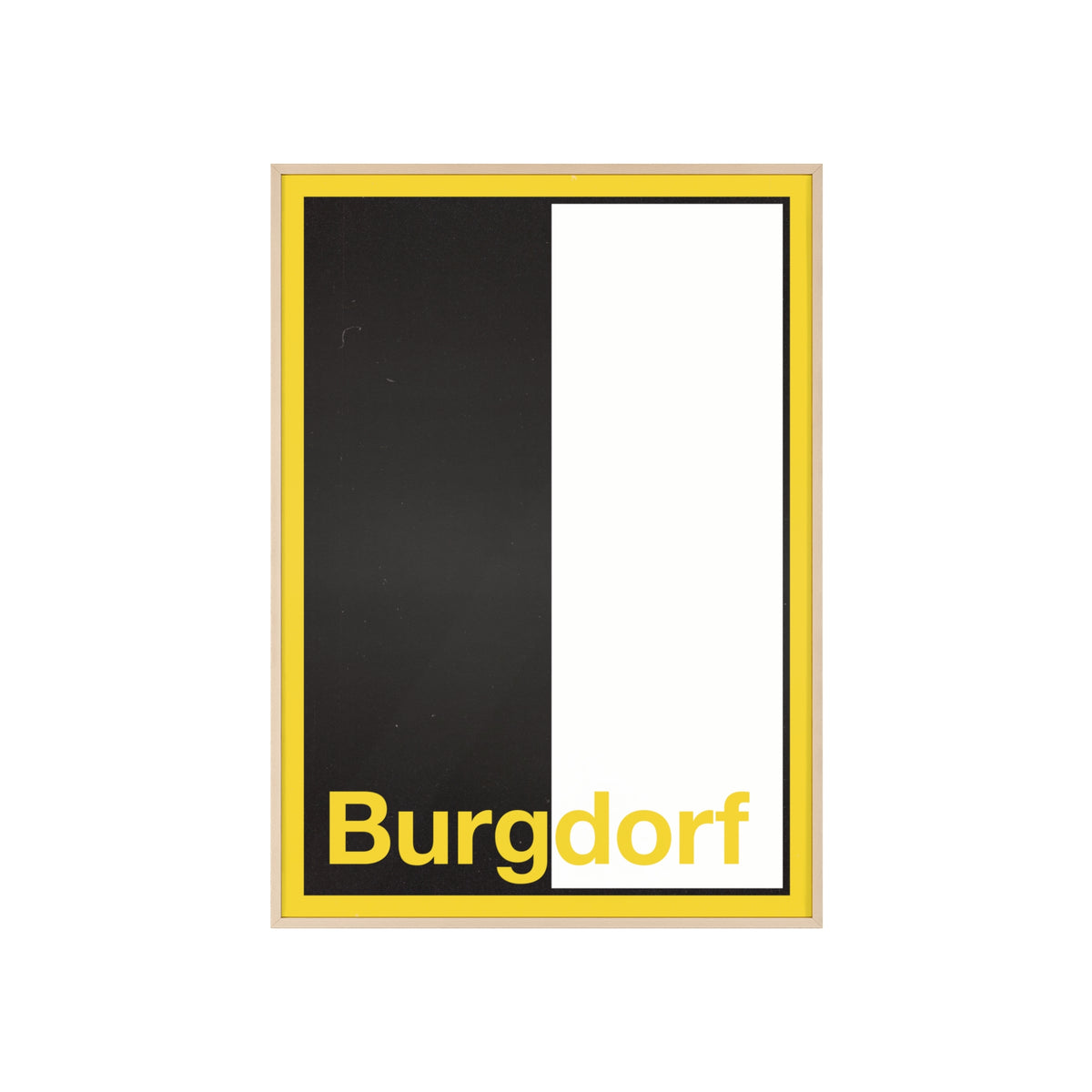 Minimalist framed wall poster of the Burgdorf coat of arms featuring vertical black and white panels with a yellow border, displayed in a natural pinewood frame.