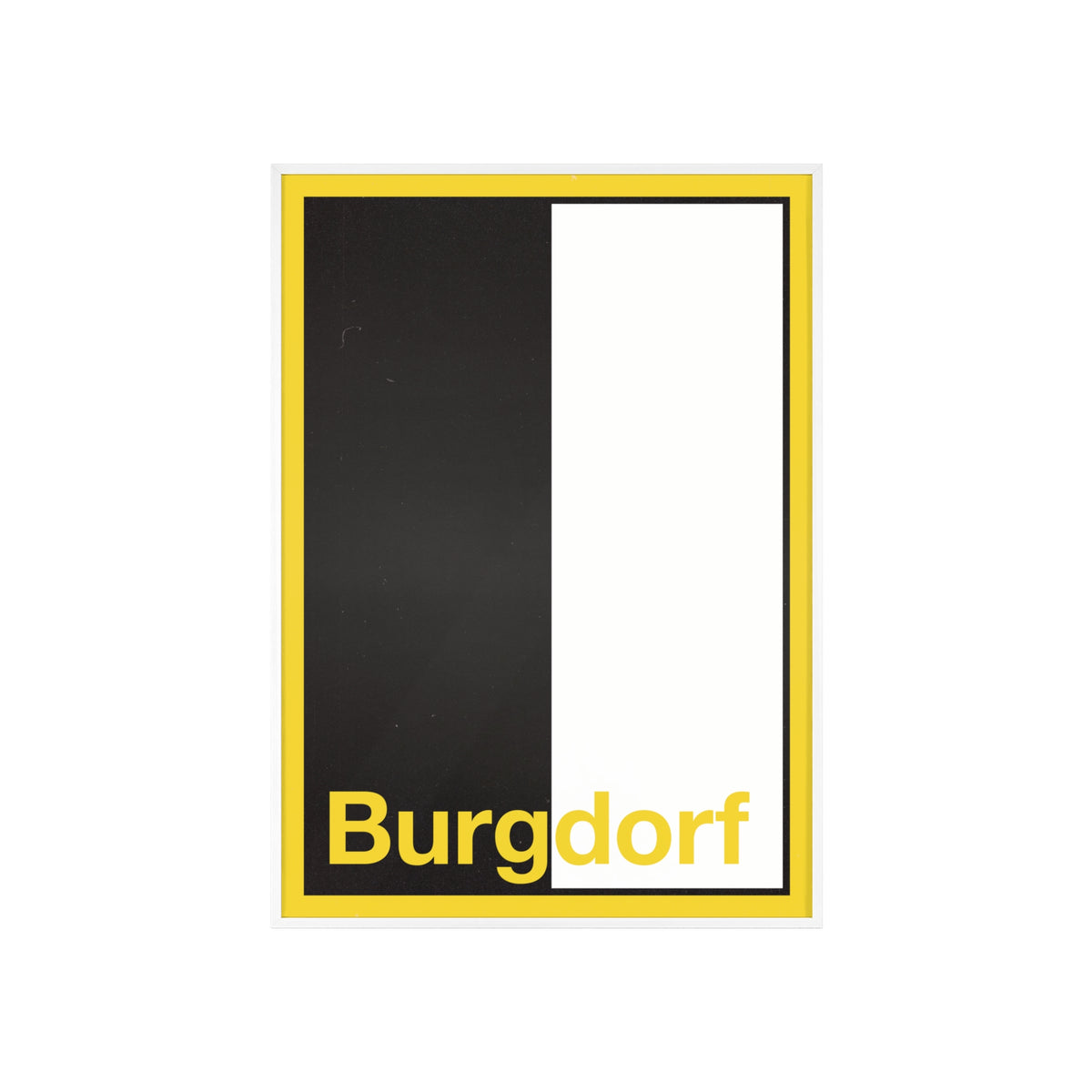 Minimalist framed wall poster of the Burgdorf coat of arms featuring vertical black and white panels with a yellow border, displayed in a natural pinewood frame.