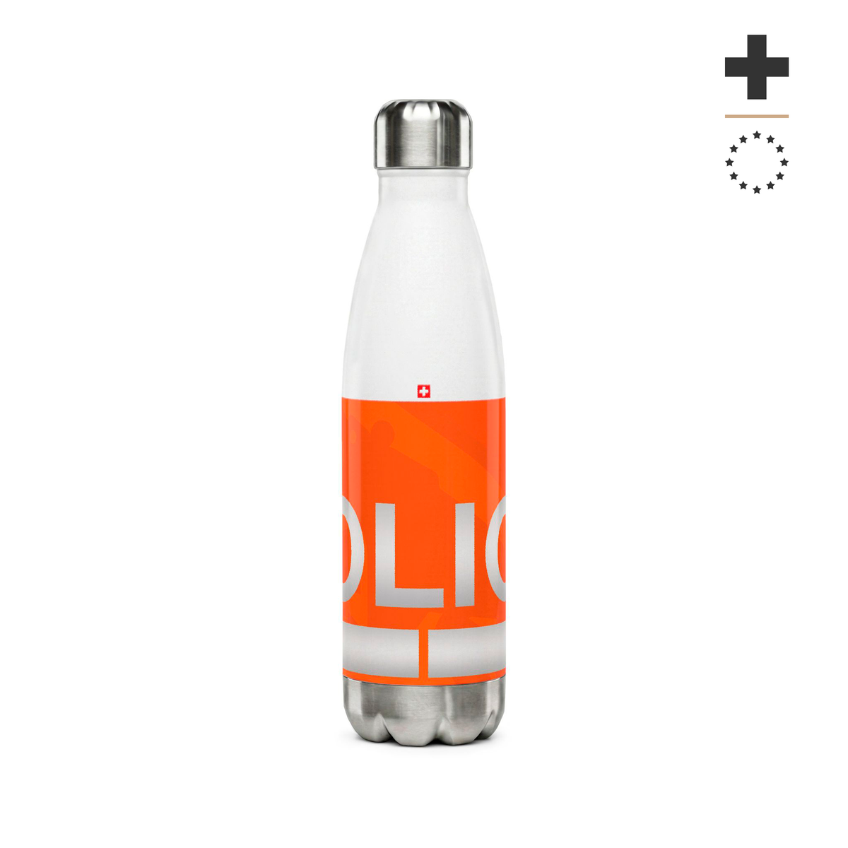 White 500ml stainless steel water bottle inspired by the Bern Swiss police car livery with high-vis orange band, white POLICE text, and Swiss emergency numbers.