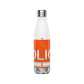 White 500ml stainless steel water bottle inspired by the Bern Swiss police car livery with high-vis orange band, white POLICE text, and Swiss emergency numbers.