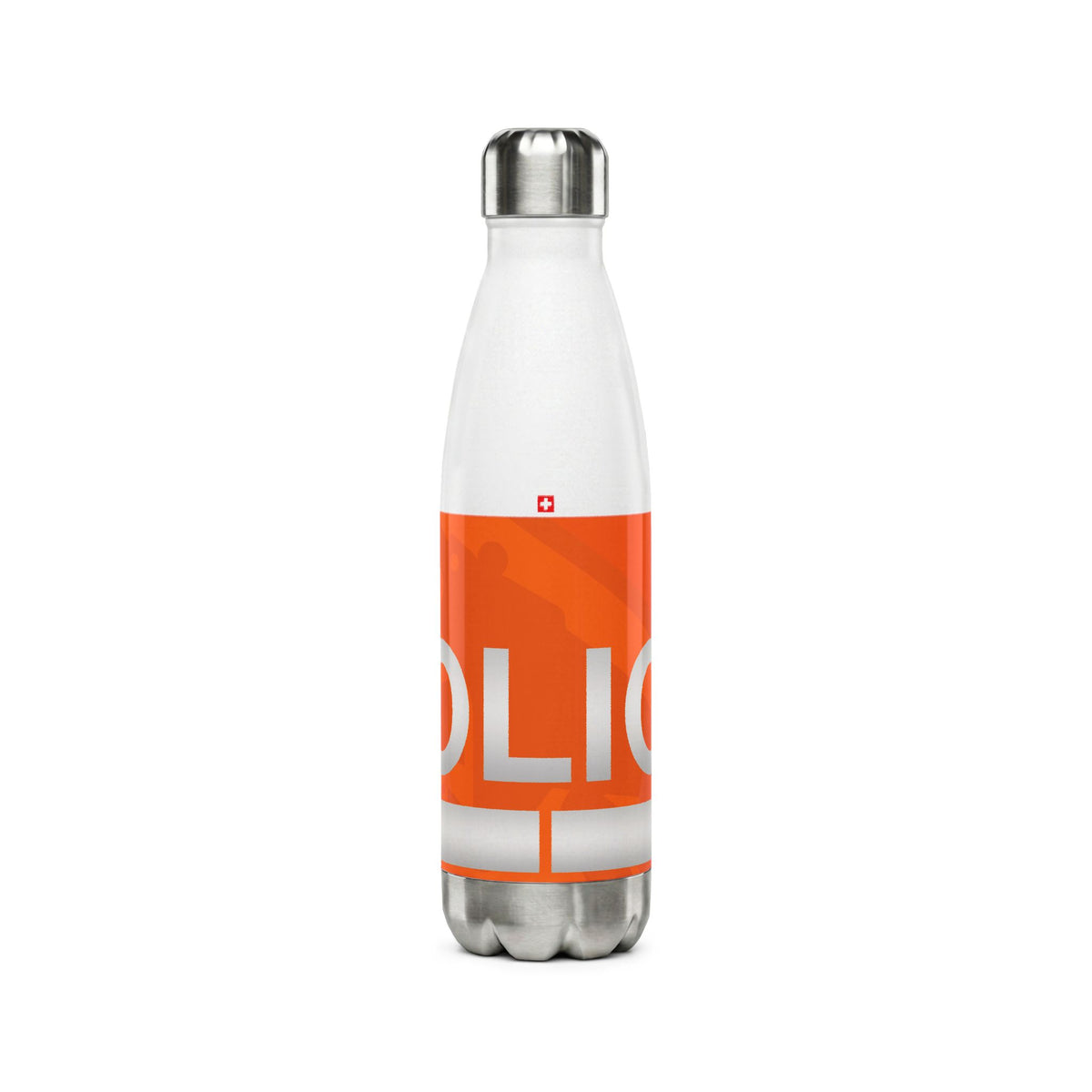 White 500ml stainless steel water bottle inspired by the Bern Swiss police car livery with high-vis orange band, white POLICE text, and Swiss emergency numbers.