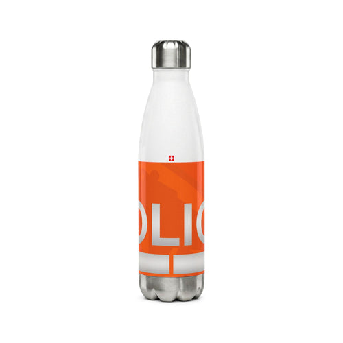 White 500ml stainless steel water bottle inspired by the Bern Swiss police car livery with high-vis orange band, white POLICE text, and Swiss emergency numbers.