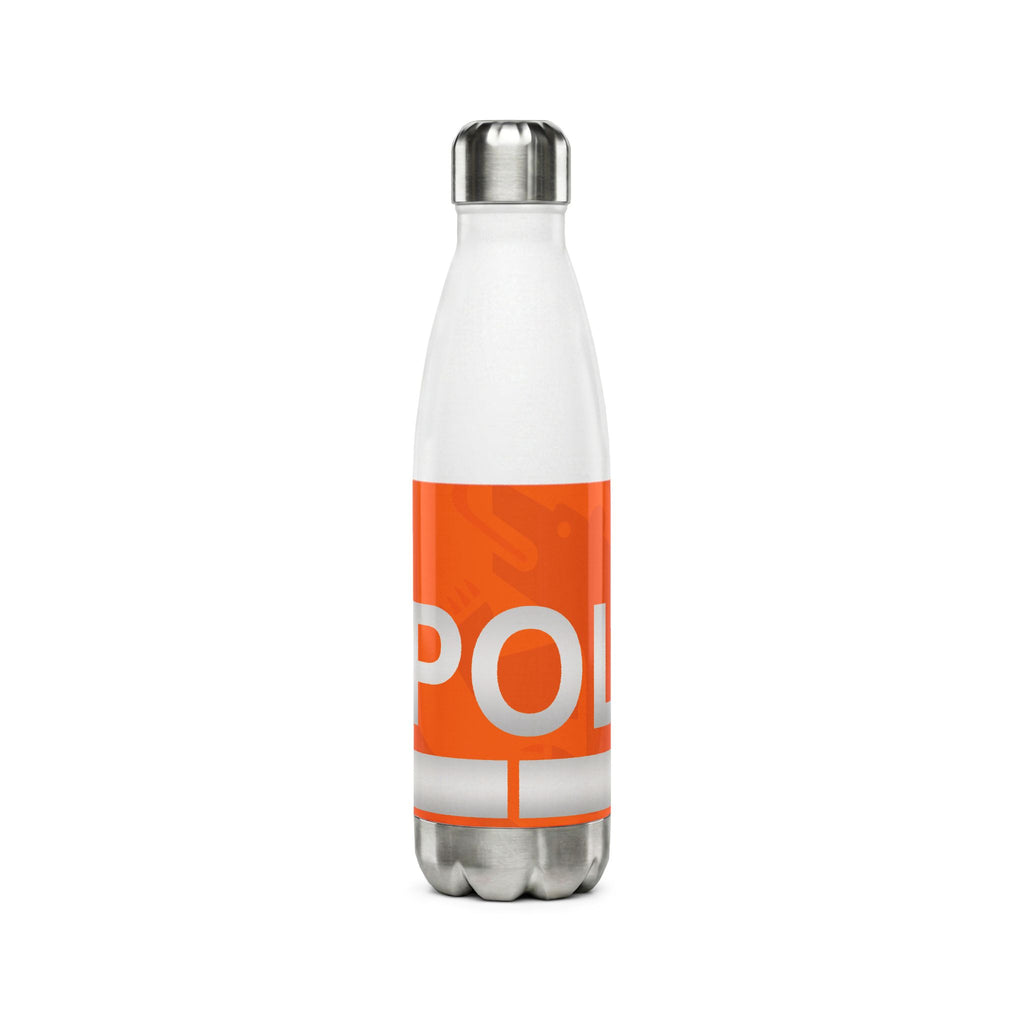White 500ml stainless steel water bottle inspired by the Bern Swiss police car livery with high-vis orange band, white POLICE text, and Swiss emergency numbers.