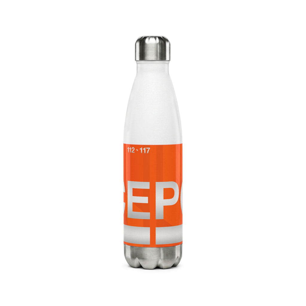 White 500ml stainless steel water bottle inspired by the Bern Swiss police car livery with high-vis orange band, white POLICE text, and Swiss emergency numbers.