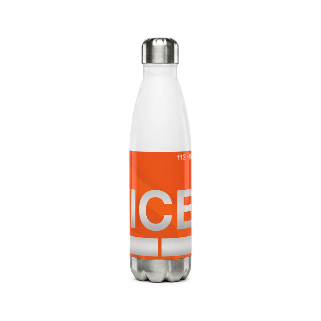White 500ml stainless steel water bottle inspired by the Bern Swiss police car livery with high-vis orange band, white POLICE text, and Swiss emergency numbers.