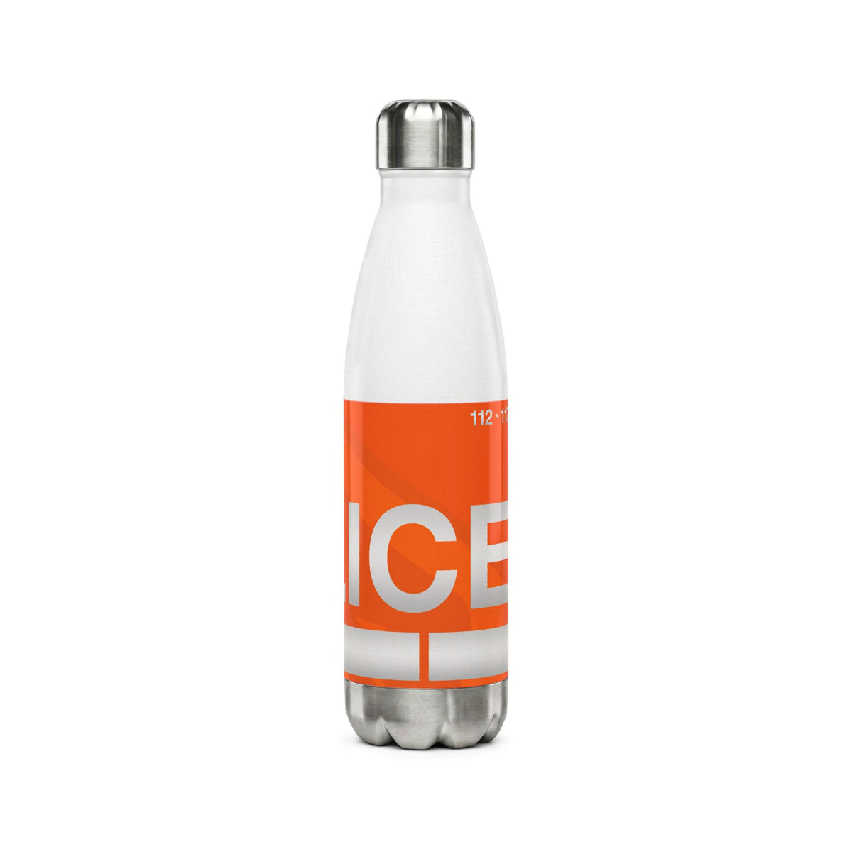 White 500ml stainless steel water bottle inspired by the Bern Swiss police car livery with high-vis orange band, white POLICE text, and Swiss emergency numbers.