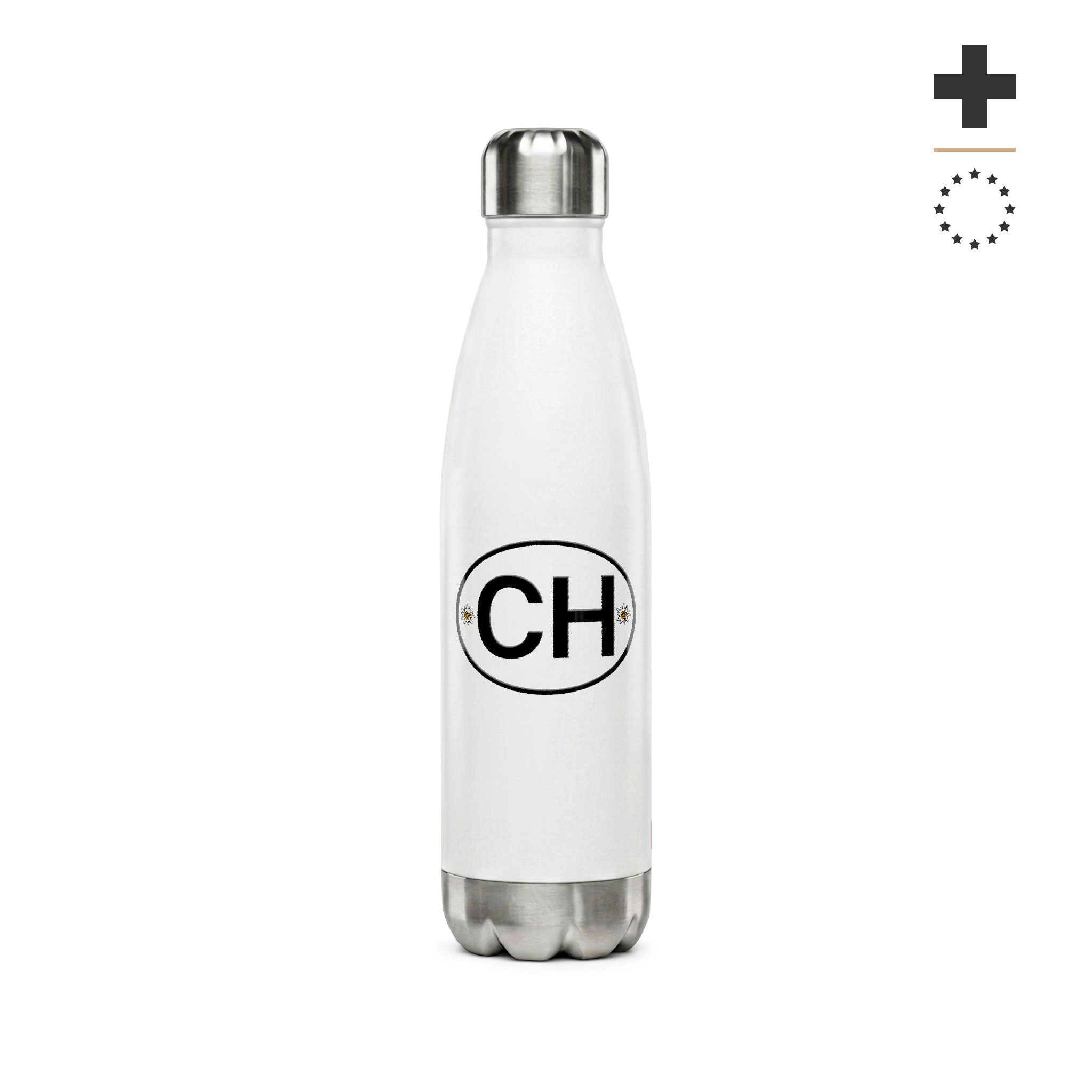 Insulated stainless steel water bottle featuring the Swiss CH logo with Edelweiss flowers and a small Swiss cross flag. Shown in black and white 500ml vacuum flask options.