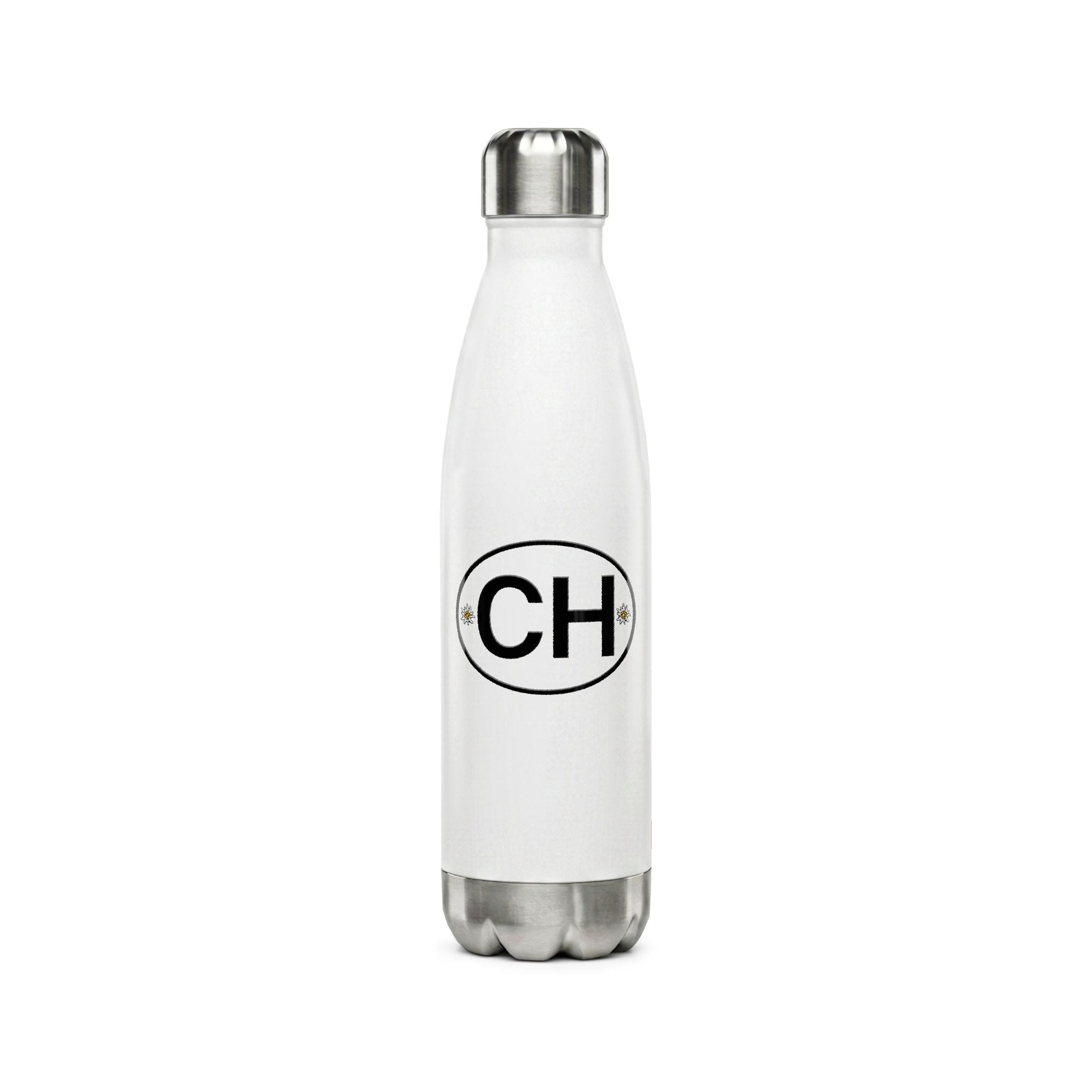 Insulated stainless steel water bottle featuring the Swiss CH logo with Edelweiss flowers and a small Swiss cross flag. Shown in black and white 500ml vacuum flask options.