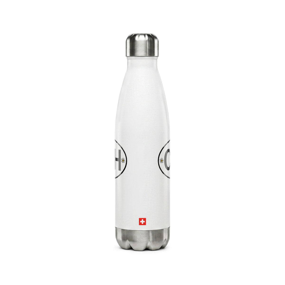 Insulated stainless steel water bottle featuring the Swiss CH logo with Edelweiss flowers and a small Swiss cross flag. Shown in black and white 500ml vacuum flask options.