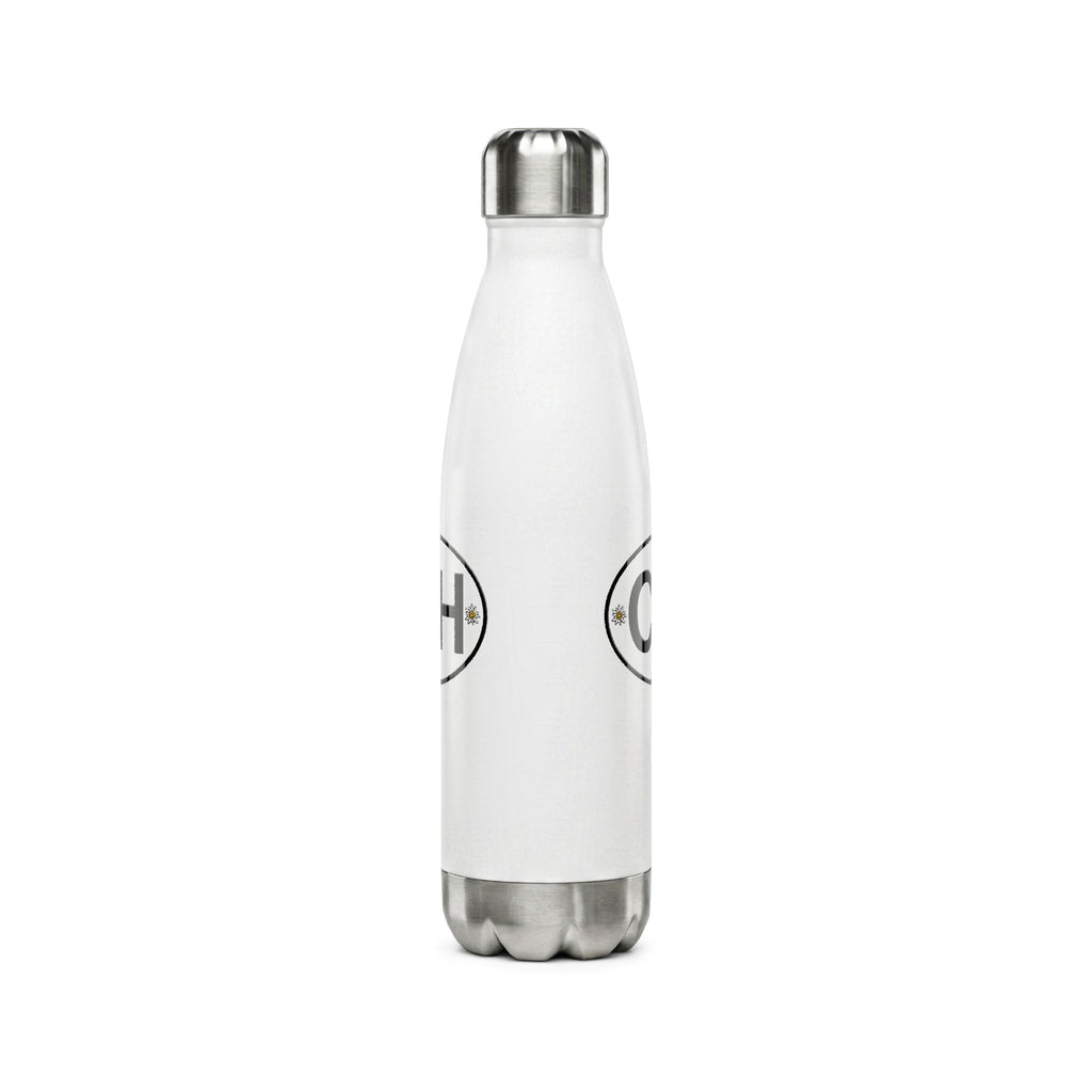 Insulated stainless steel water bottle featuring the Swiss CH logo with Edelweiss flowers and a small Swiss cross flag. Shown in black and white 500ml vacuum flask options.