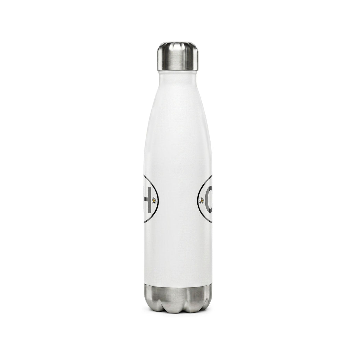 Insulated stainless steel water bottle featuring the Swiss CH logo with Edelweiss flowers and a small Swiss cross flag. Shown in black and white 500ml vacuum flask options.