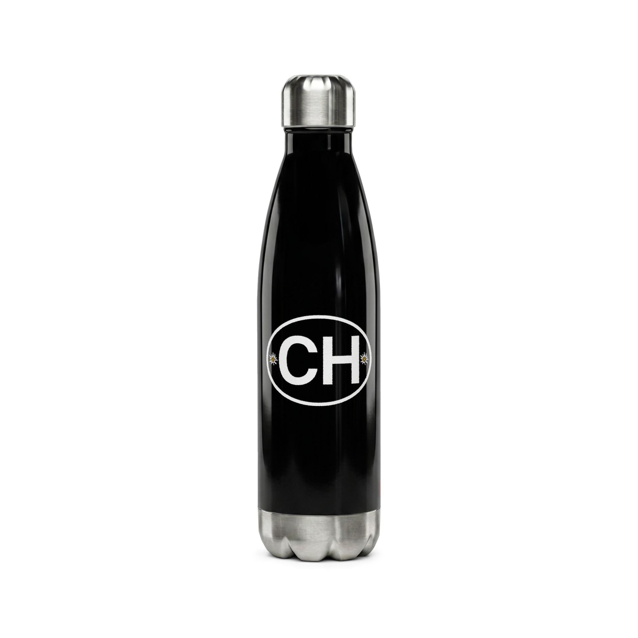 Insulated stainless steel water bottle featuring the Swiss CH logo with Edelweiss flowers and a small Swiss cross flag. Shown in black and white 500ml vacuum flask options.