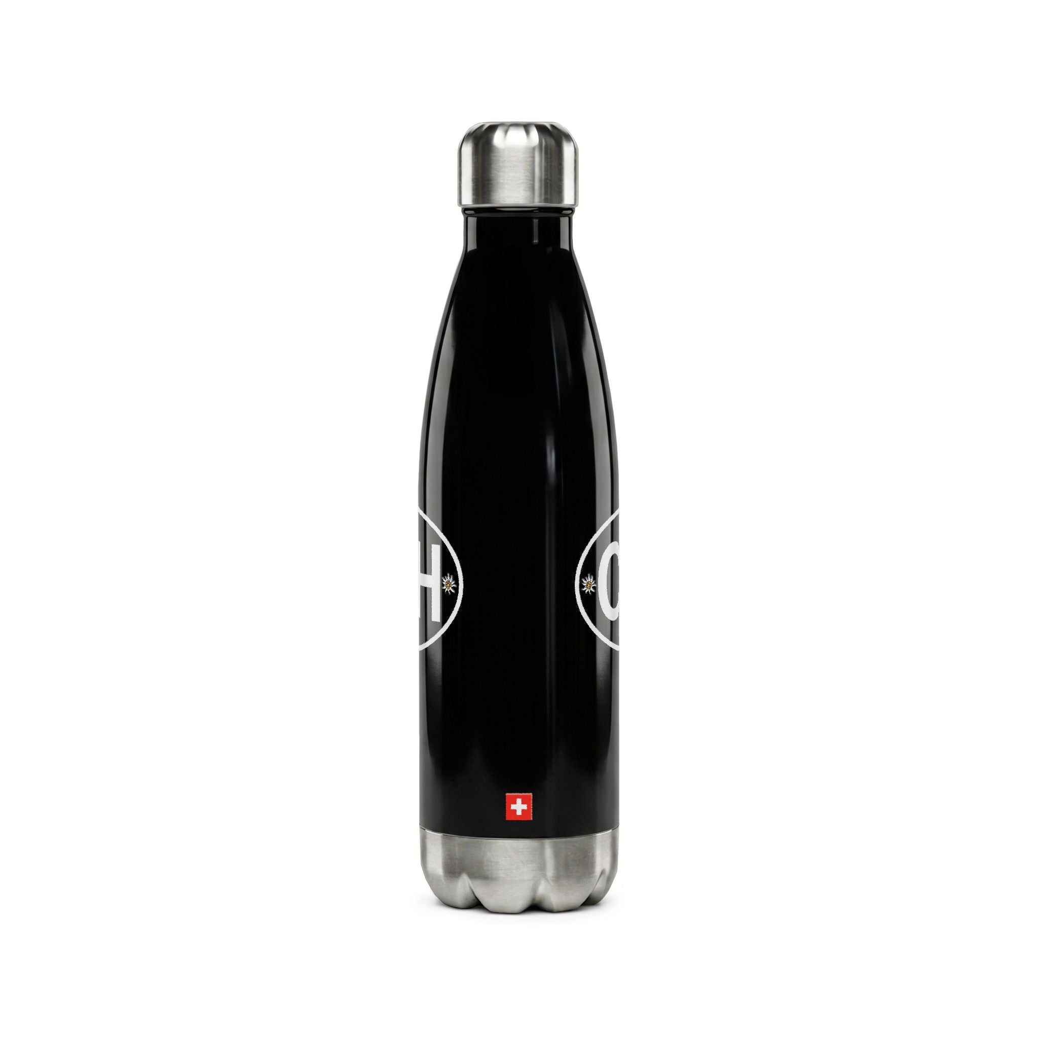 Insulated stainless steel water bottle featuring the Swiss CH logo with Edelweiss flowers and a small Swiss cross flag. Shown in black and white 500ml vacuum flask options.