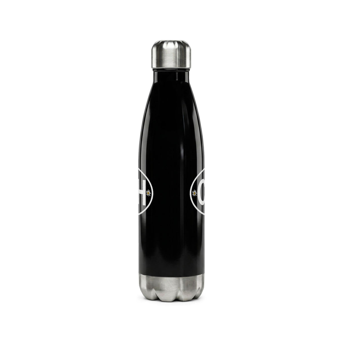 Insulated stainless steel water bottle featuring the Swiss CH logo with Edelweiss flowers and a small Swiss cross flag. Shown in black and white 500ml vacuum flask options.