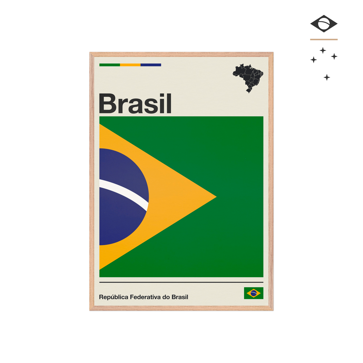 Minimalist fine art framed poster of the Brazil flag with modern geometric layout and typography, size 70x100 cm in a natural wooden frame.