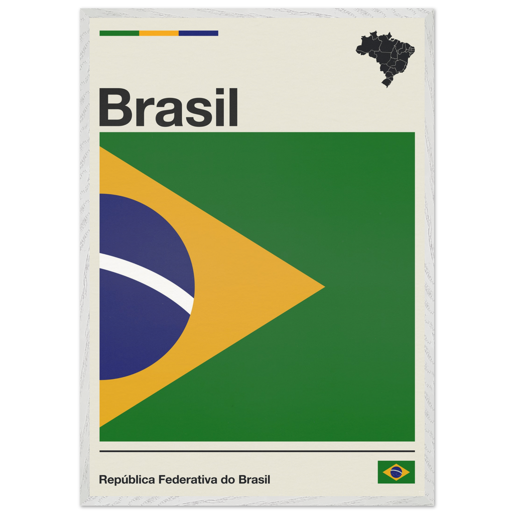 Minimalist fine art framed poster of the Brazil flag with modern geometric layout and typography, size 70x100 cm in a natural wooden frame.