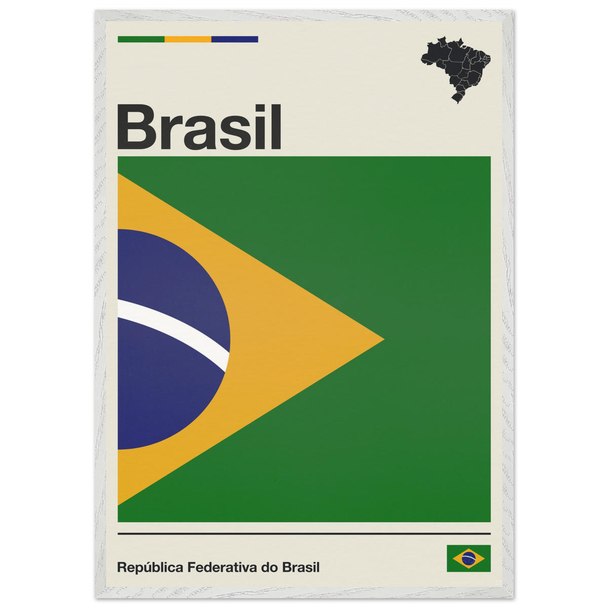 Minimalist fine art framed poster of the Brazil flag with modern geometric layout and typography, size 70x100 cm in a natural wooden frame.