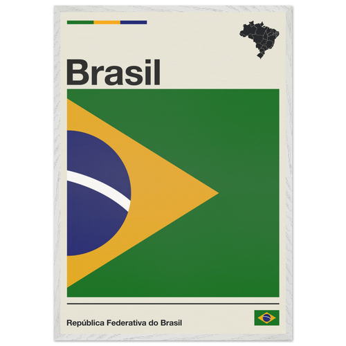 Minimalist fine art framed poster of the Brazil flag with modern geometric layout and typography, size 70x100 cm in a natural wooden frame.
