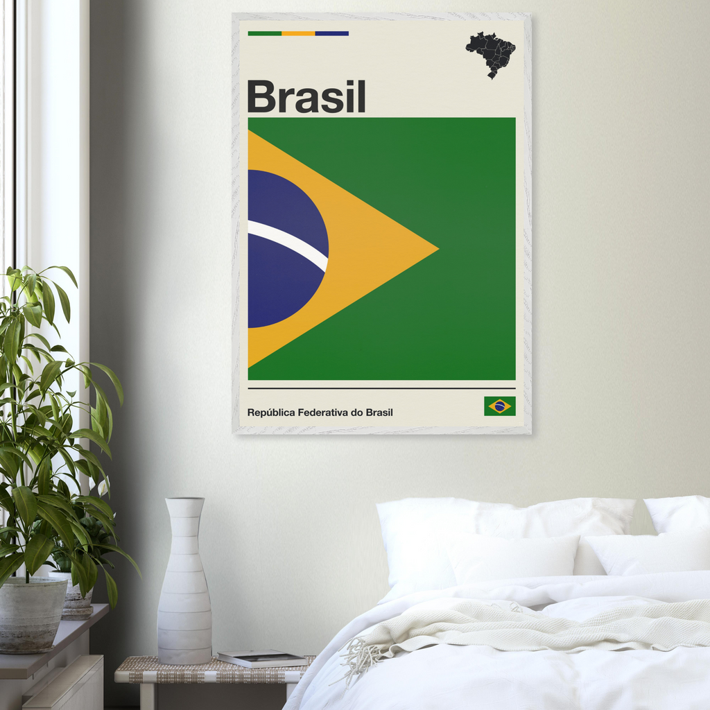 Minimalist fine art framed poster of the Brazil flag with modern geometric layout and typography, size 70x100 cm in a natural wooden frame.