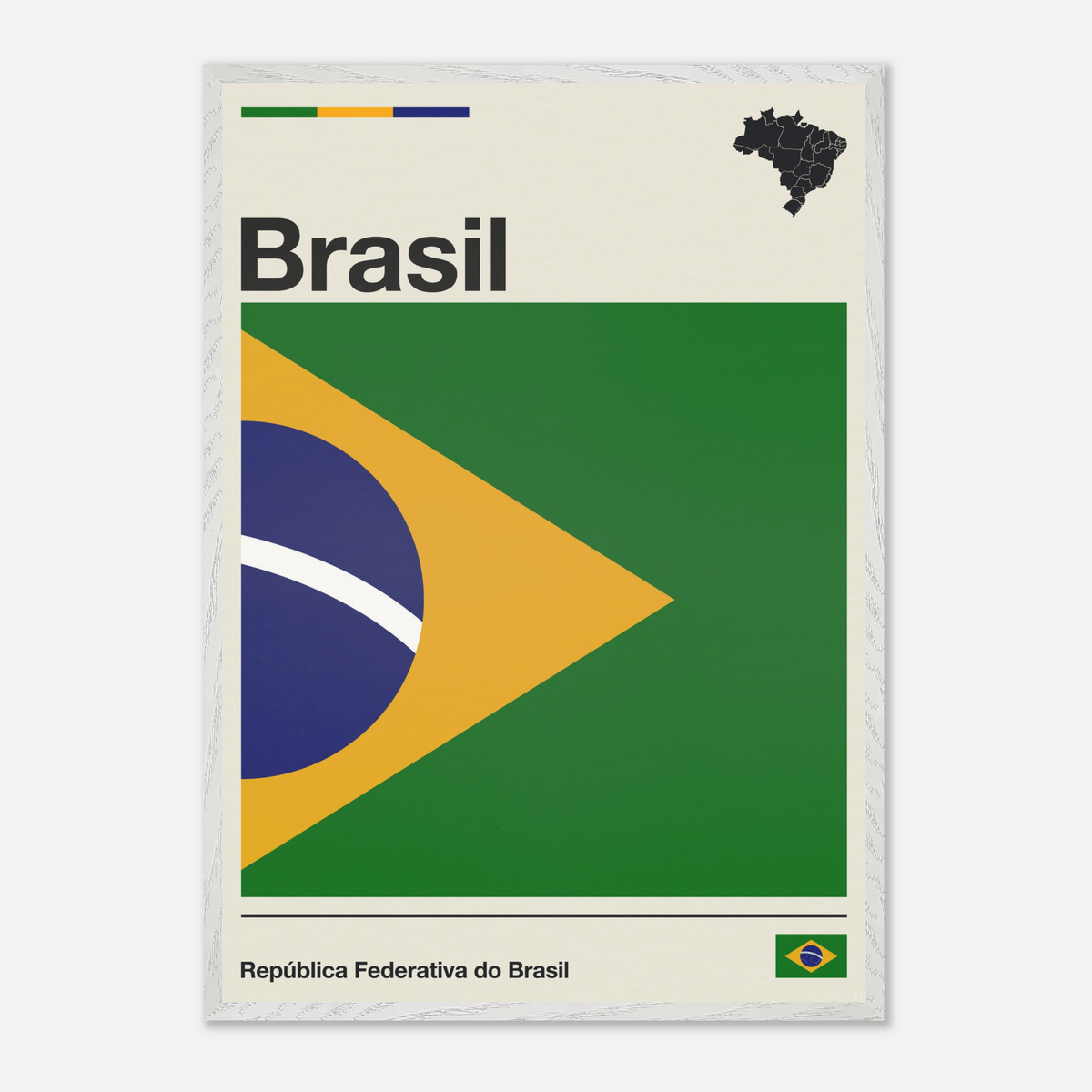 Minimalist fine art framed poster of the Brazil flag with modern geometric layout and typography, size 70x100 cm in a natural wooden frame.