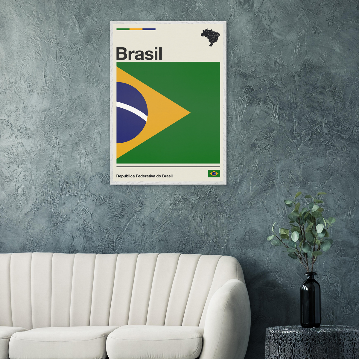 Minimalist fine art framed poster of the Brazil flag with modern geometric layout and typography, size 70x100 cm in a natural wooden frame.